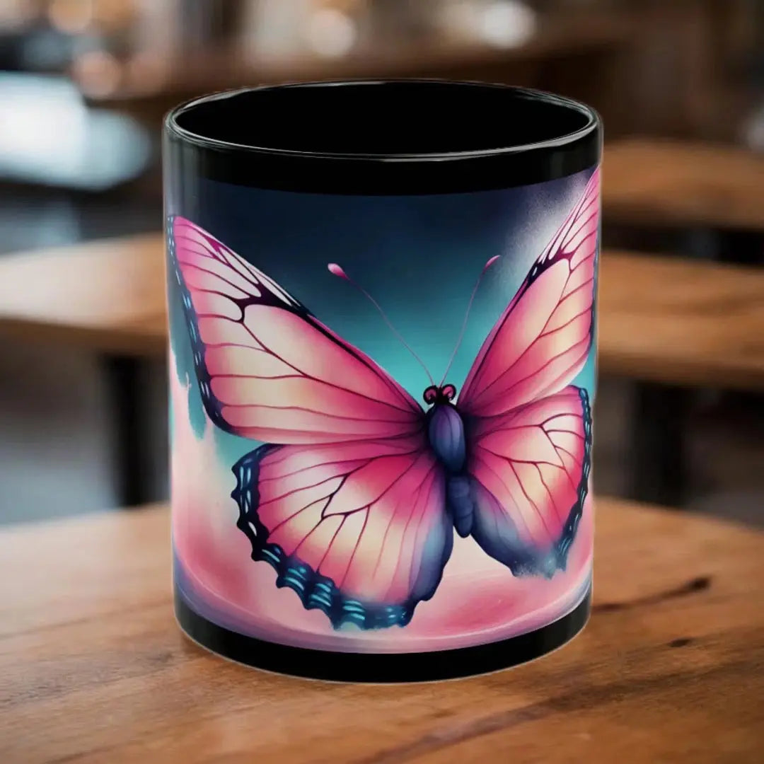 Pink Butterfly Ceramic Coffee Mug (Black |11oz) -  Thirstique