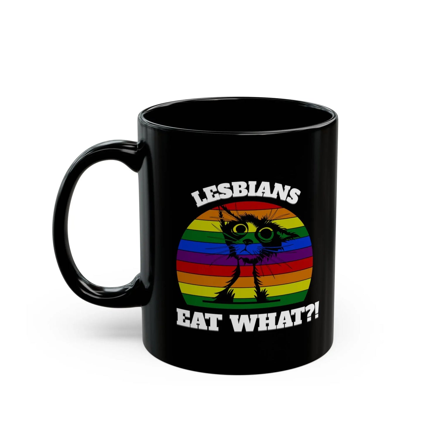 "Lesbians Eat What?! - Playful Cat Pride Black Ceramic Mug (11oz, 15oz) -  Thirstique