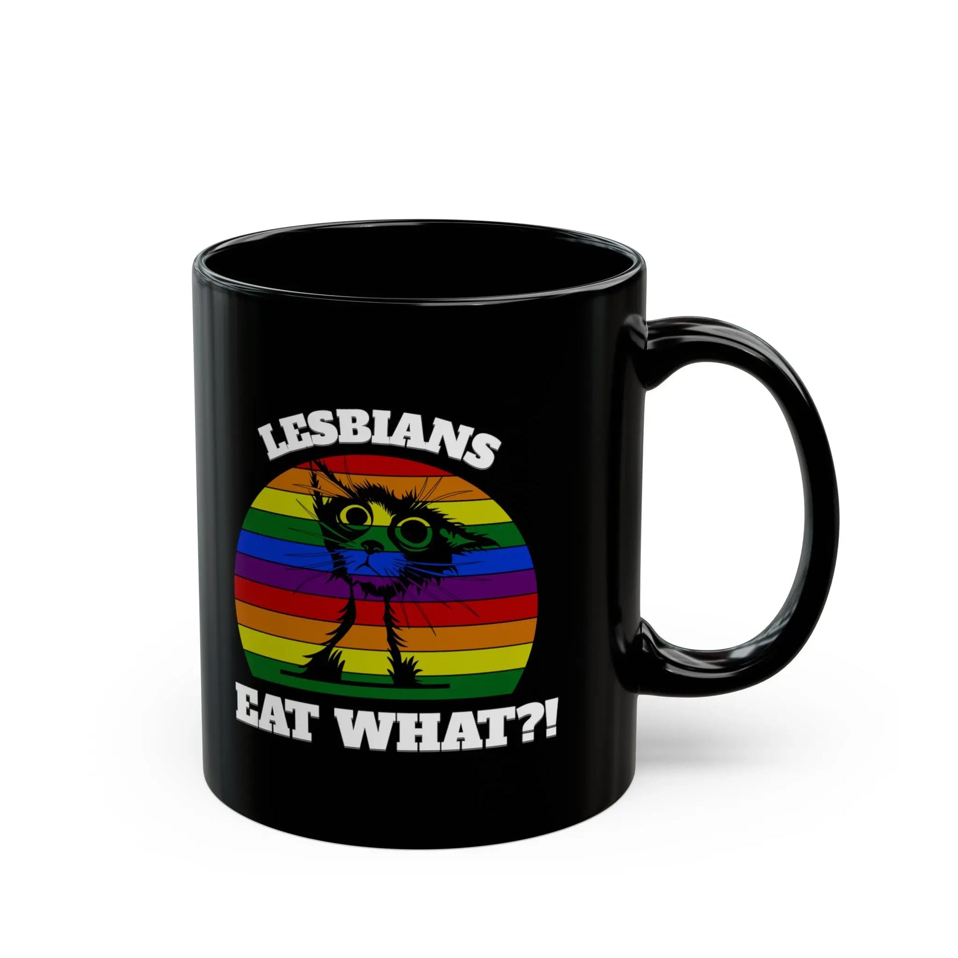 "Lesbians Eat What?! - Playful Cat Pride Black Ceramic Mug (11oz, 15oz) -  Thirstique