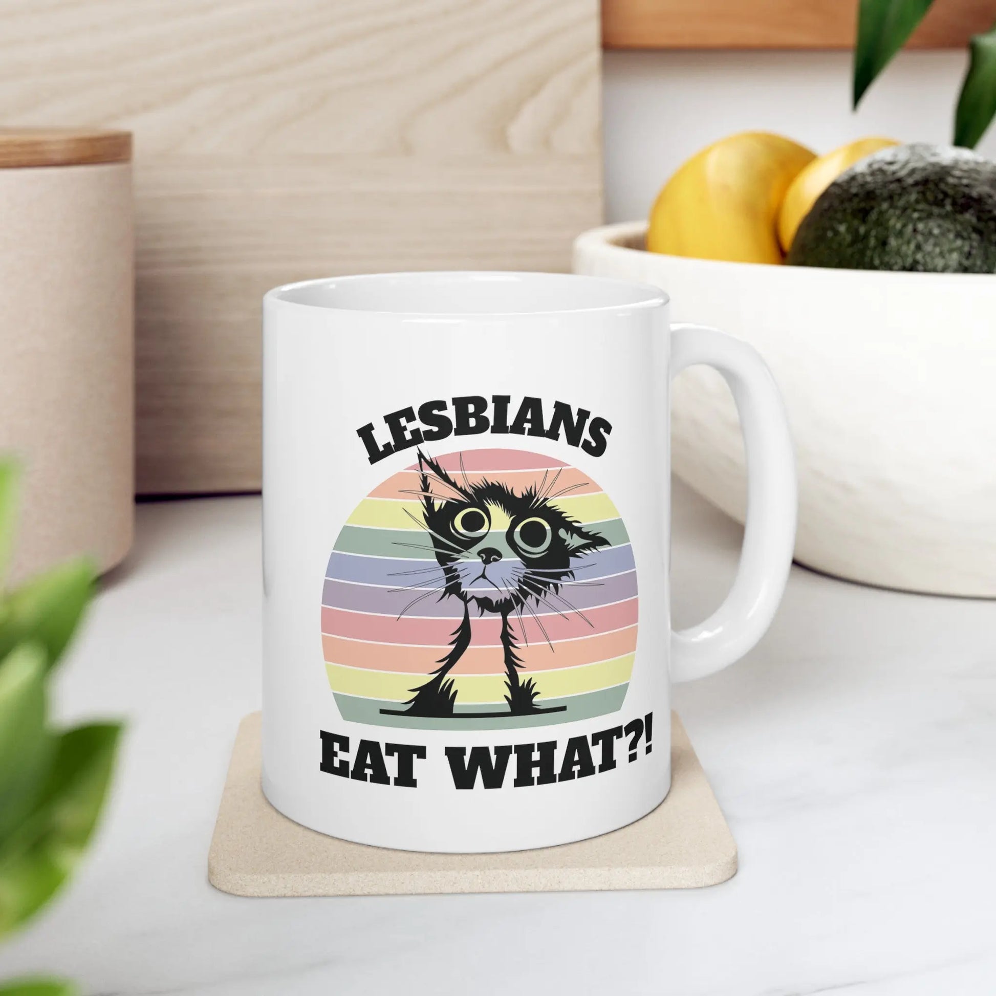 Lesbians Eat What?! - Playful Cat Pride White Ceramic Mug  (11oz, 15oz) -  Thirstique